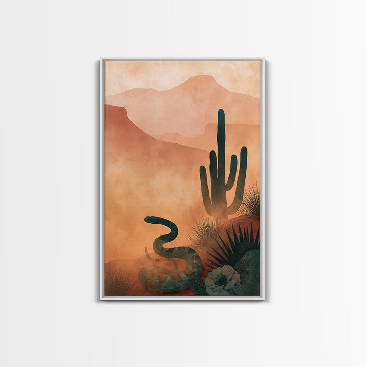 Snake and Desert Flower Composition Framed Canvas Print, Southwestern Art, Minimalist Decor, Southwestern Decor, Oil Painting, SOU-2x3-30