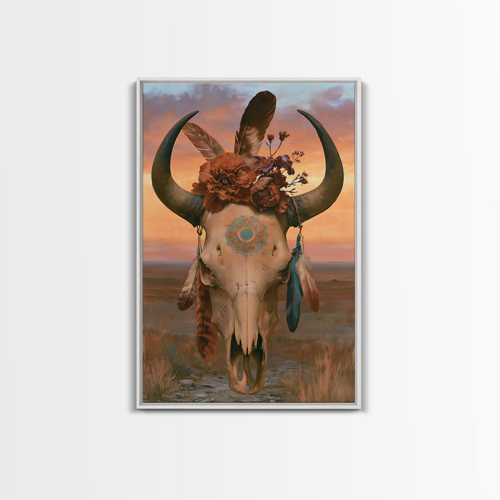 Cow Skull with Desert Flowers and Feathers Canvas Print, Southwestern Art, Southwestern Decor, Watercolor Art, Mesa, SOU-2x3-35