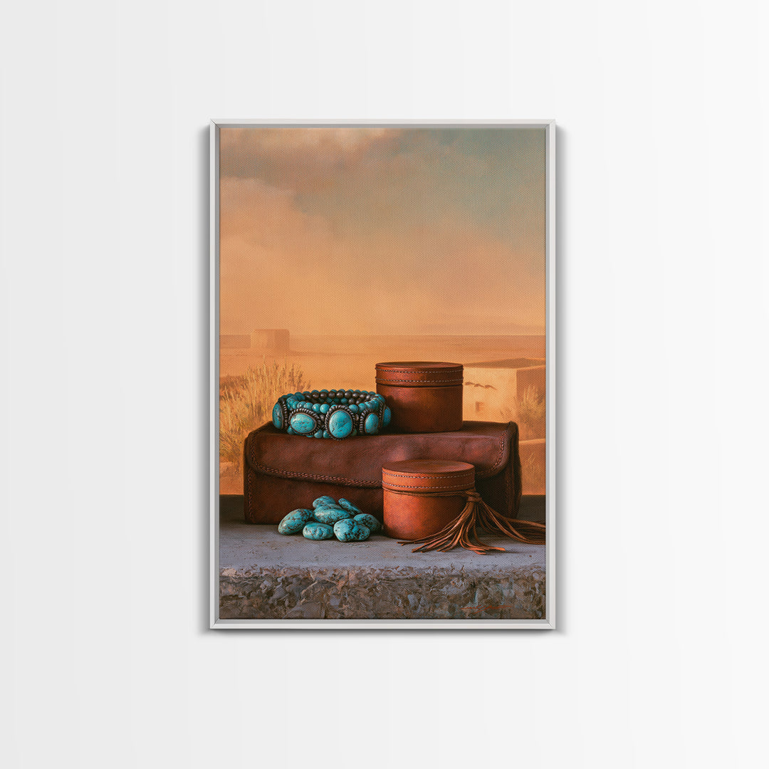 Turquoise Jewelry and Leather Still Life Framed Canvas Print, Southwestern Art, Prints Wall Art, Southwestern Decor, Mesa, SOU-2x3-43