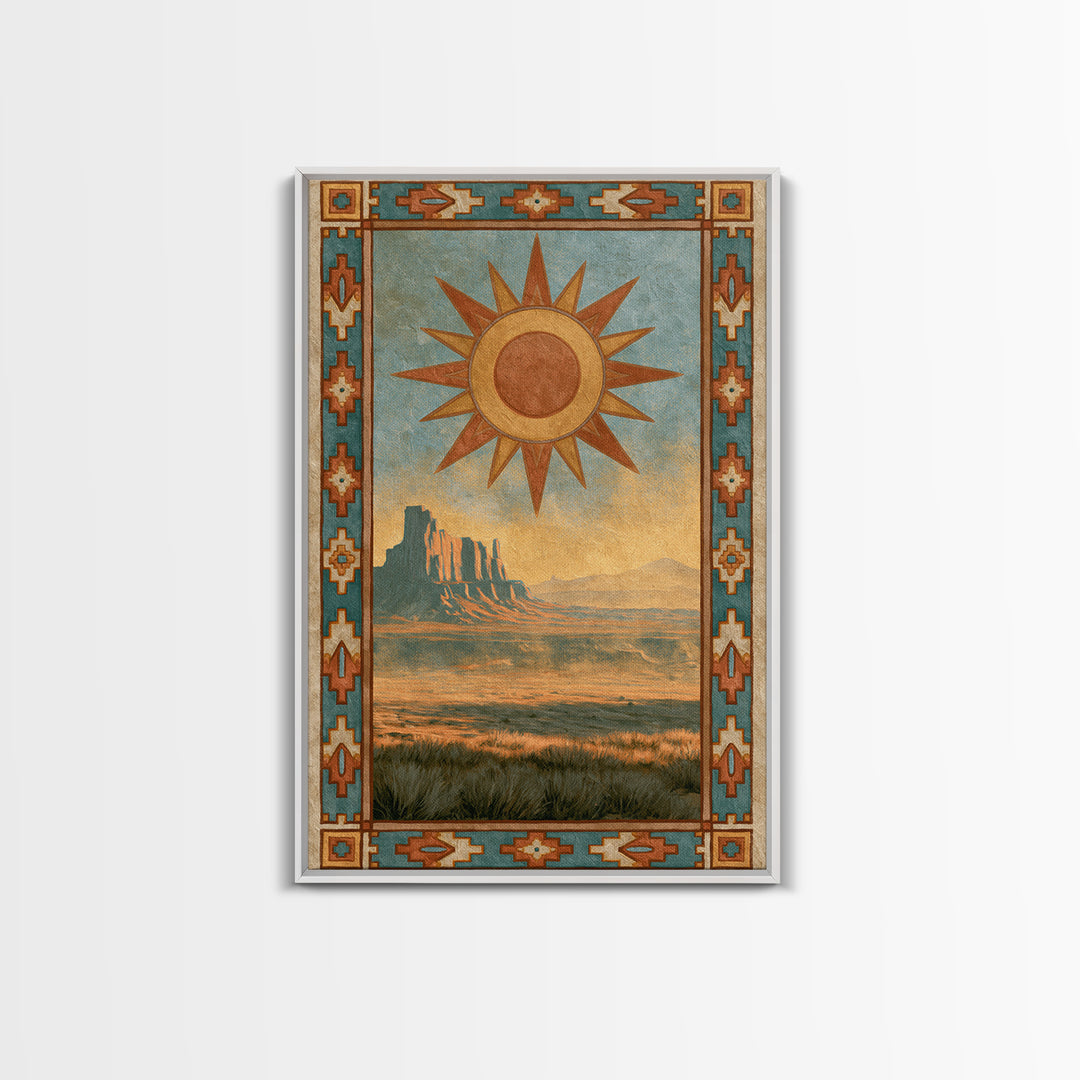 Sun Symbol with Geometric Southwest Border Canvas Print, Southwestern Art, Southwestern Decor, Abstract Art, Mesa, SOU-2x3-5
