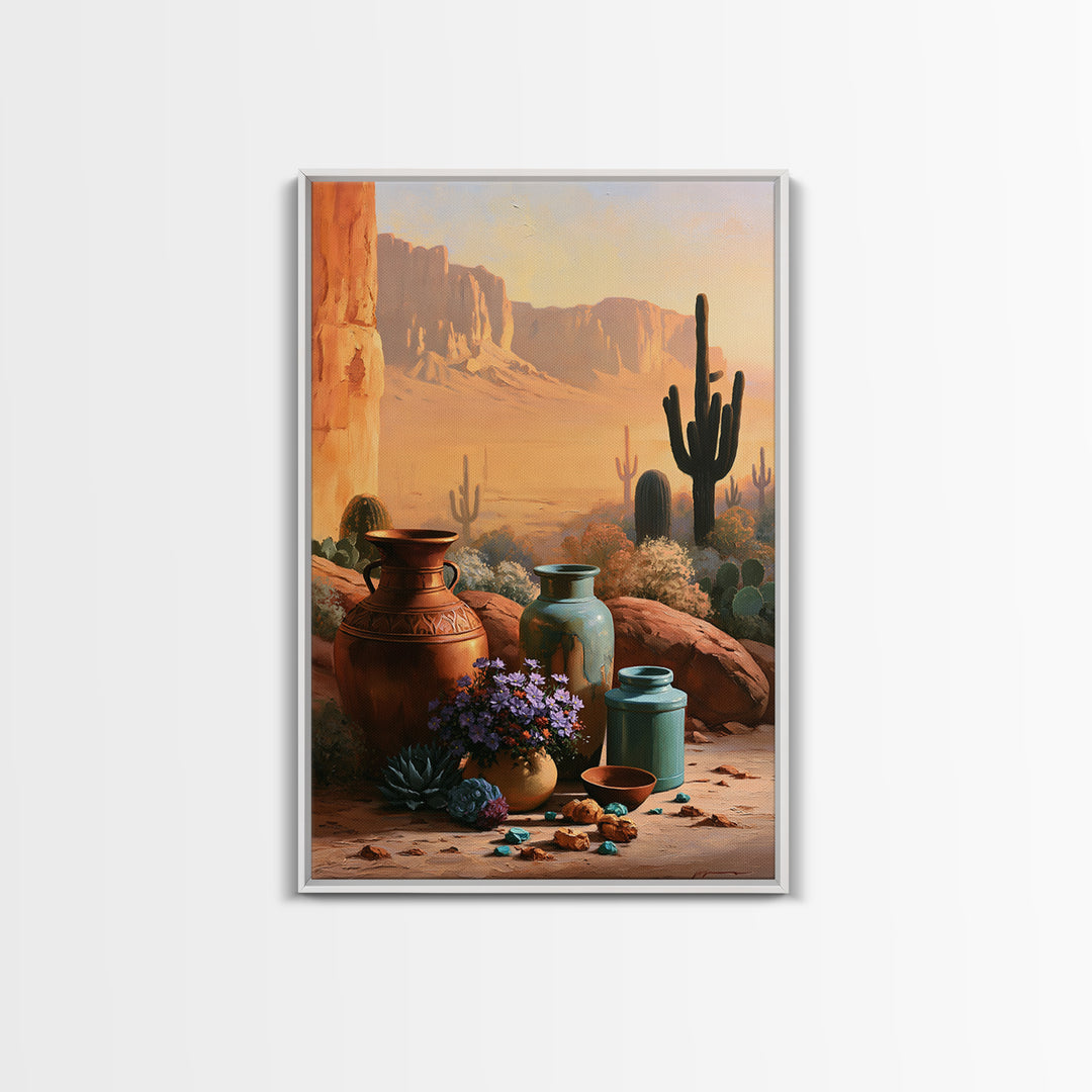 Painted Pottery and Desert Wildflowers Canvas Print, Southwestern Art, Western Wall Art, Southwestern Decor, Watercolor Art, SOU-2x3-96