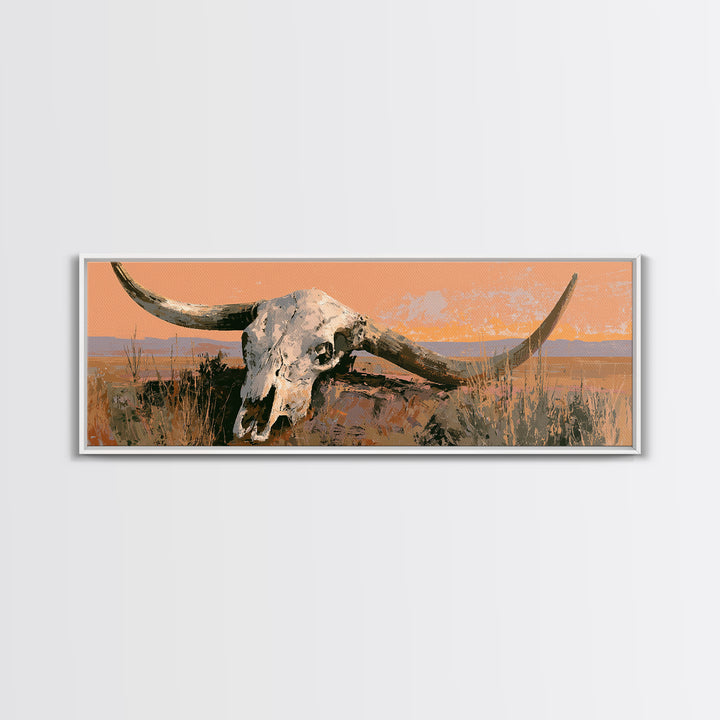Sun Bleached Longhorn Skull Still Life Framed Canvas Print, Southwestern Art, Landscape Painting, Southwestern Decor, Mesa, SOU-3x1-1