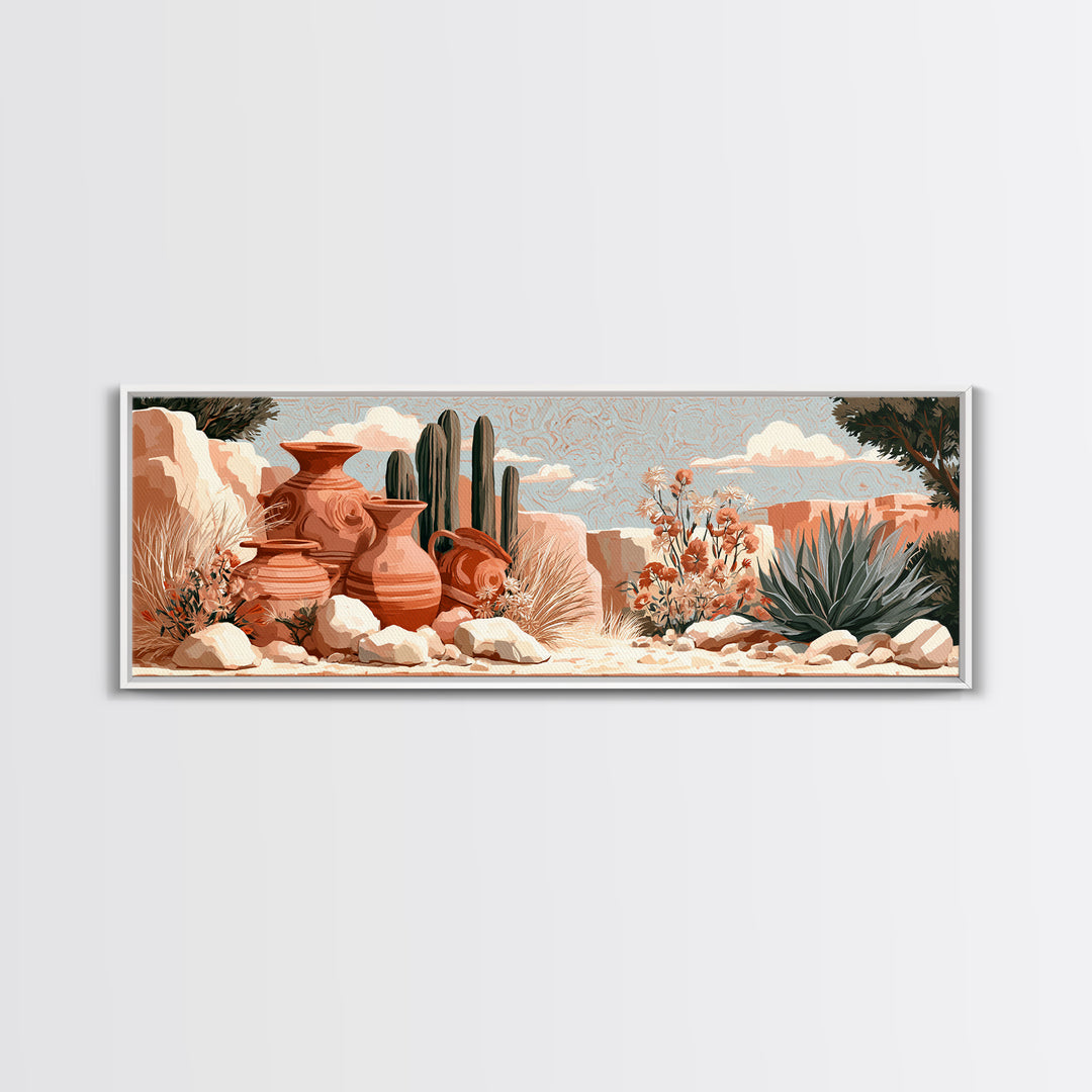 Painted Pottery and Desert Wildflowers Framed Canvas Print, Southwestern Art, Rustic Home Decor, Southwestern Decor, Mesa, SOU-3x1-32