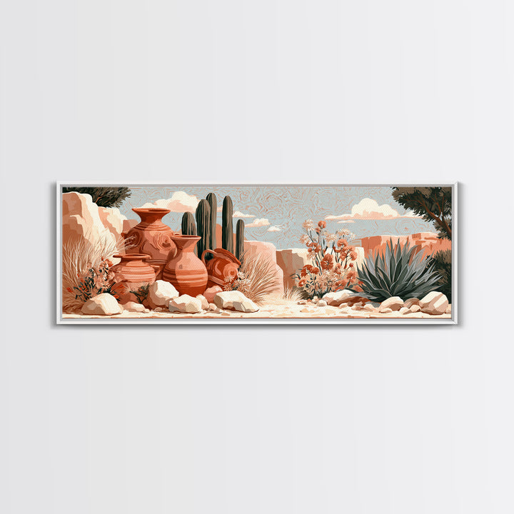 Painted Pottery and Desert Wildflowers Framed Canvas Print, Southwestern Art, Rustic Home Decor, Southwestern Decor, Mesa, SOU-3x1-32