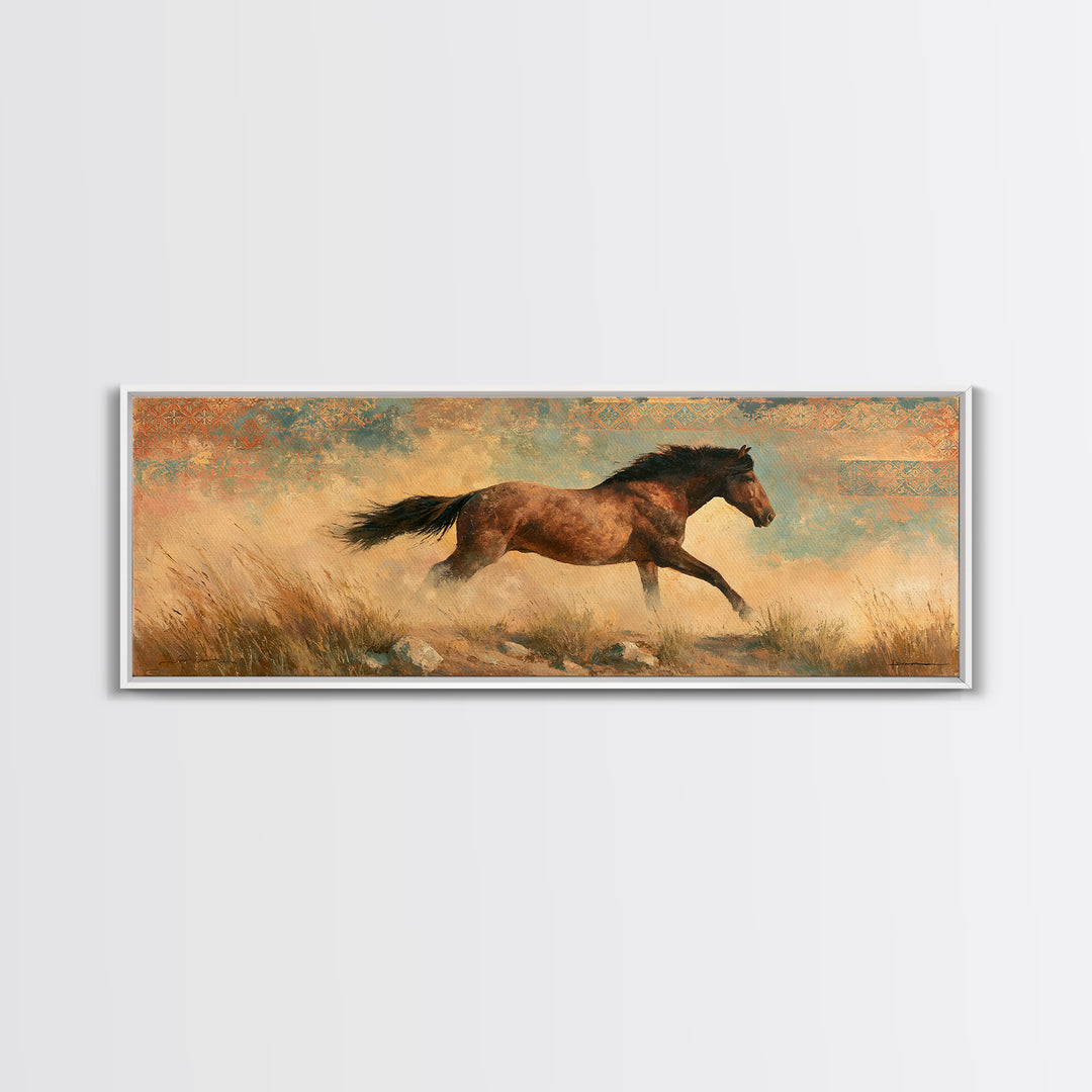Wild Mustang Running Through Dusty Canyon Canvas Print, Southwestern Art, Landscape Painting, Southwestern Decor, SOU-3x1-46