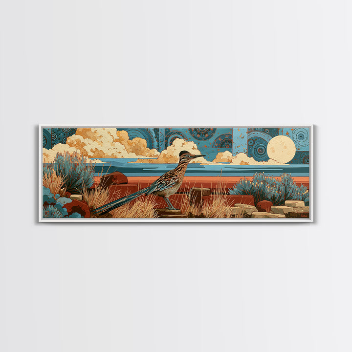 Roadrunner under a Pale Desert Moon Framed Canvas Print, Southwestern Art, Art, Southwestern Decor, Mesa, Boho Wall Decor, SOU-3x1-72