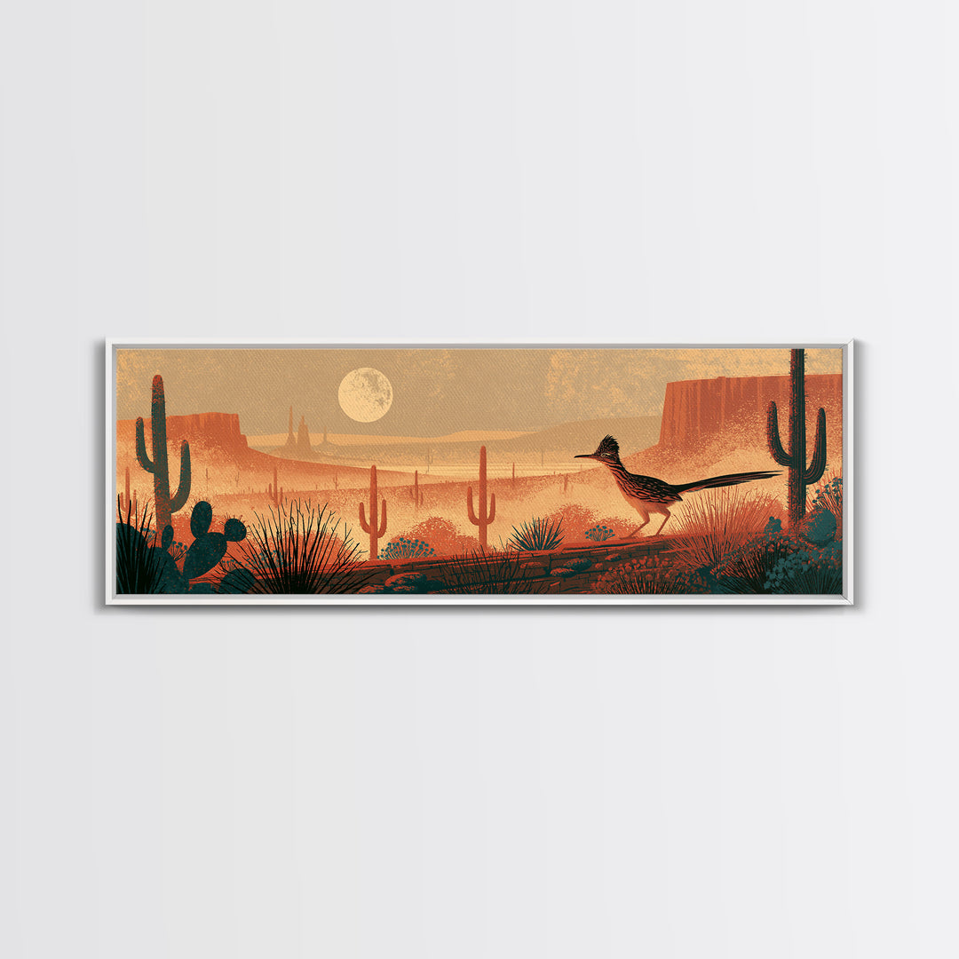 Roadrunner under a Pale Desert Moon Canvas Print, Southwestern Art, Textured Painting, Southwestern Decor, Watercolor Art, Mesa, SOU-3x1-96