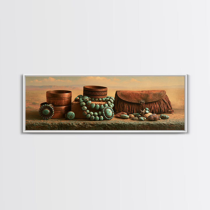 Turquoise Jewelry and Leather Still Life Framed Canvas Print, Southwestern Art, Digital Wall Art, Southwestern Decor, Mesa, SOU-3x1-99