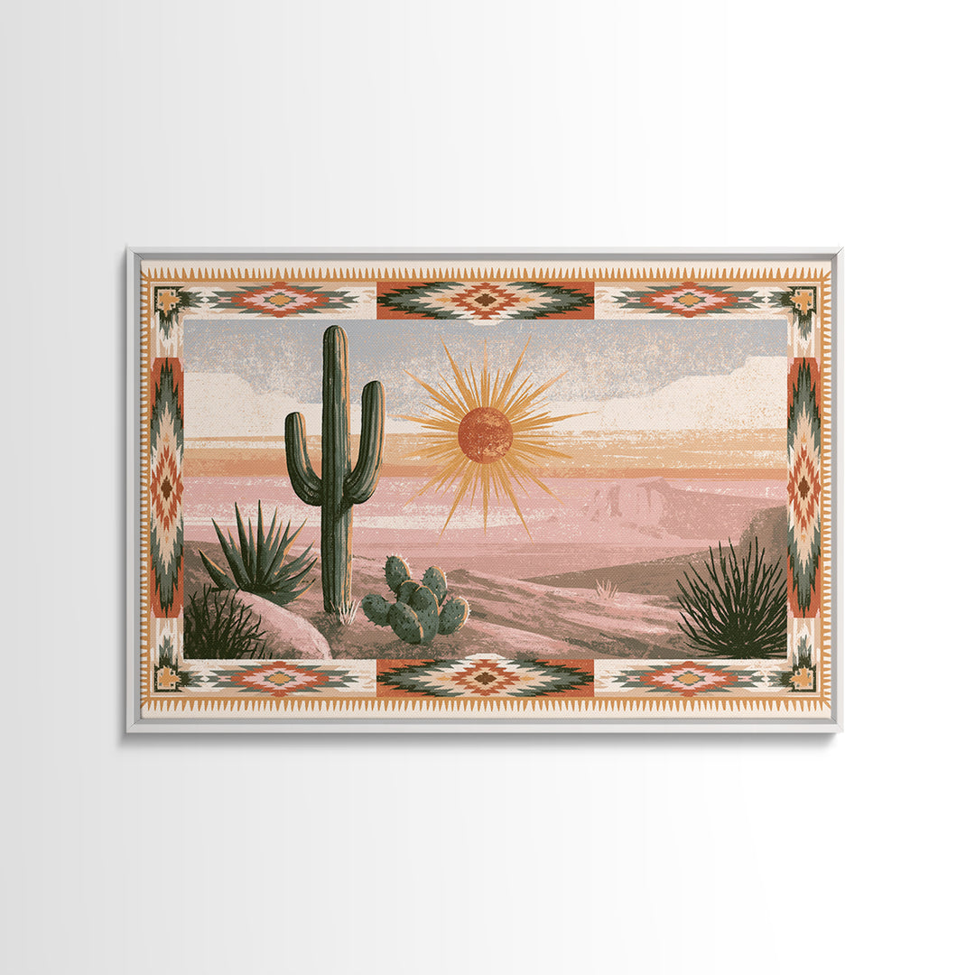 Sun Symbol with Geometric Southwest Border Canvas Print, Southwestern Art, Landscape Painting, Southwestern Decor, Abstract Art, SOU-3x2-1