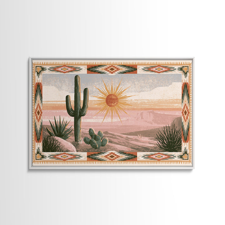 Sun Symbol with Geometric Southwest Border Canvas Print, Southwestern Art, Landscape Painting, Southwestern Decor, Abstract Art, SOU-3x2-1
