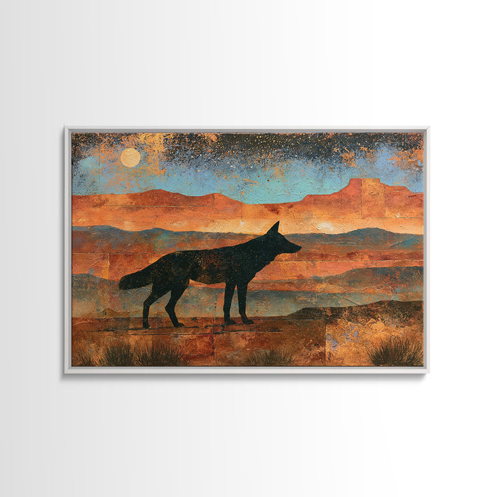 Coyote Silhouette Beneath Starry Sky Framed Canvas Print, Southwestern Art, Statement Artwork, Southwestern Decor, Mesa, SOU-3x2-19