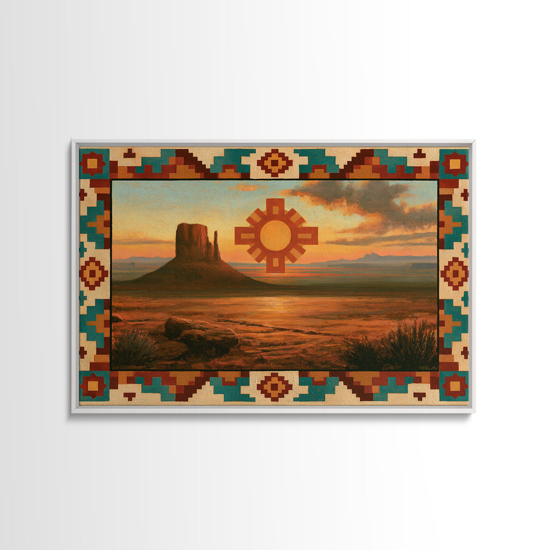 Sun Symbol with Geometric Southwest Border Framed Canvas Print, Southwestern Art, Western Home Decor, Southwestern Decor, Mesa, SOU-3x2-25