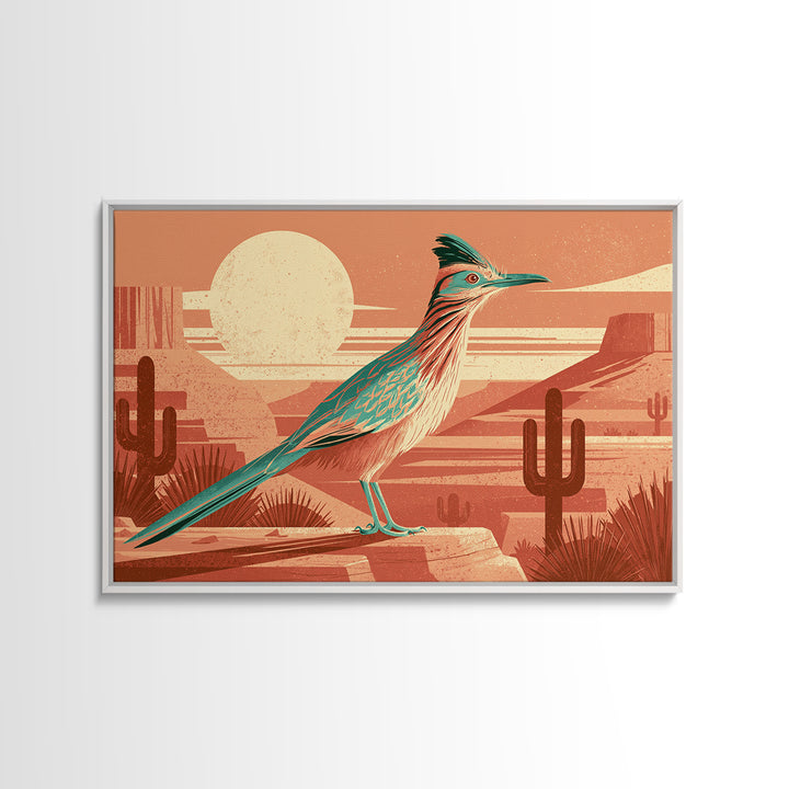 Roadrunner under a Pale Desert Moon Framed Canvas Print, Southwestern Art, Antique Oil Painting, Southwestern Decor, Mesa, SOU-3x2-36