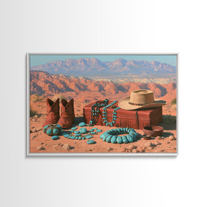 Turquoise Jewelry and Leather Still Life Framed Canvas Print, Southwestern Art, Landscape Art, Southwestern Decor, Mesa, SOU-3x2-63