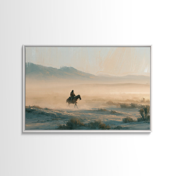 Horse Rider Crossing Desert at Dusk Framed Canvas Print, Southwestern Art, Rustic Home Decor, Southwestern Decor, SOU-3x2-71