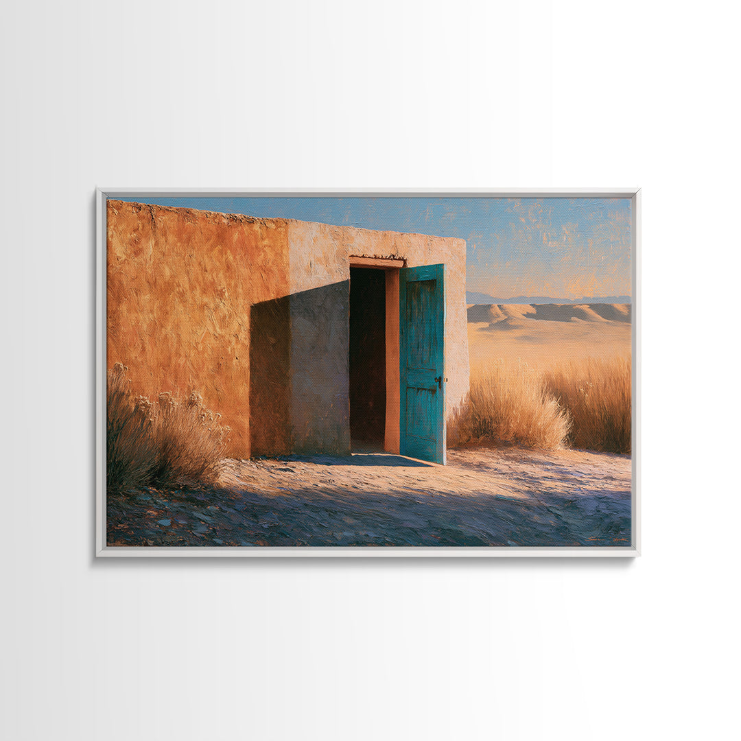 Adobe Doorway with Turquoise Blue Shadow Framed Canvas Print, Southwestern Art, Fine Art Print, Southwestern Decor, Mesa, SOU-3x2-81