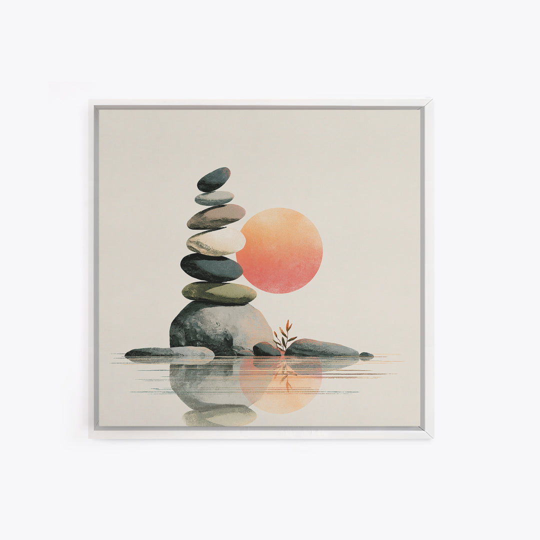 Stacked Stones Beside Calm Water Framed Canvas Print, Spa Art, Modern Decor, Spa Decor, Fine Art, Serenity, Wall Decor, SPA-1x1-1