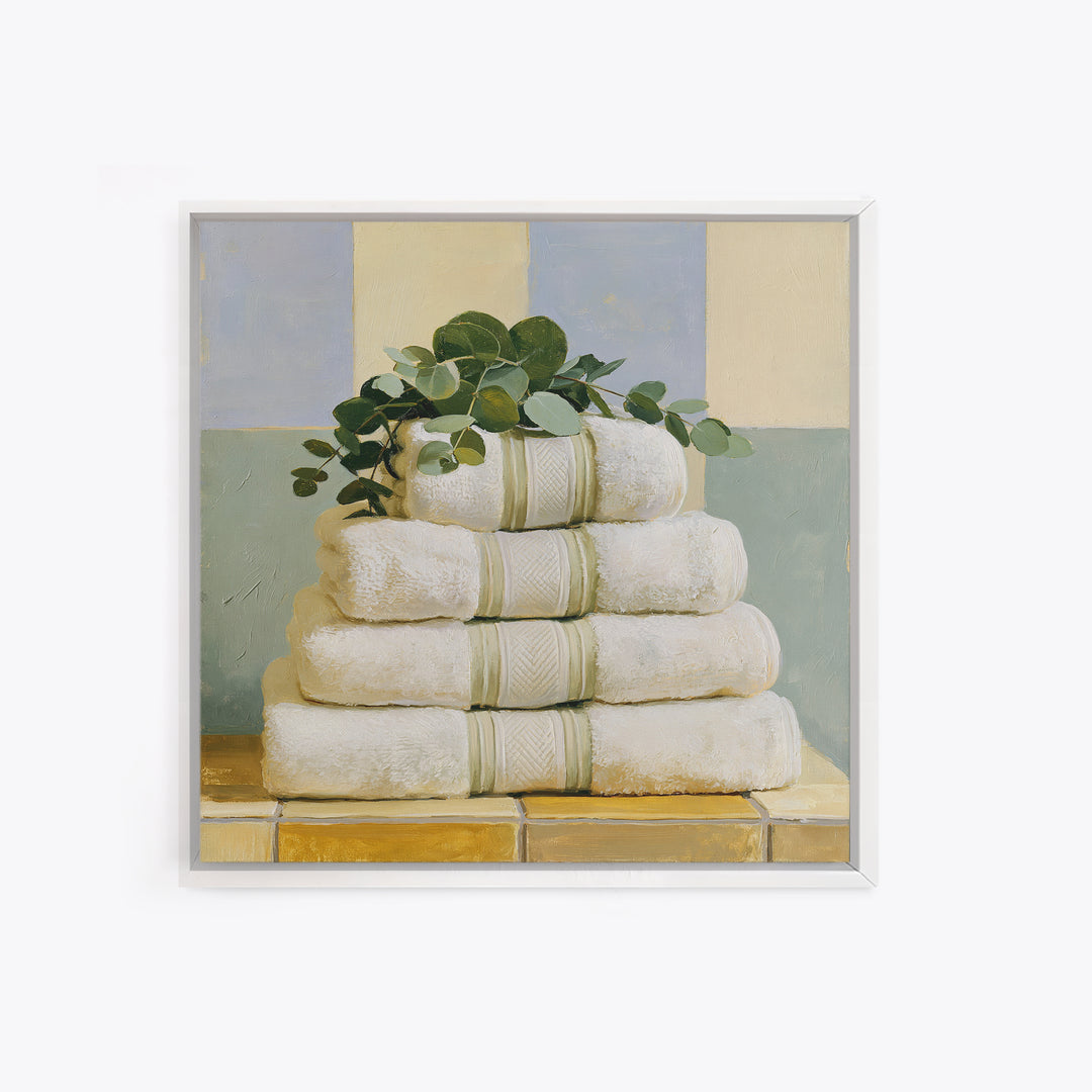White Towels and Eucalyptus Without Room Context Framed Canvas Print, Spa Art, City Art, Spa Decor, Watercolor Art, Serenity, SPA-1x1-24