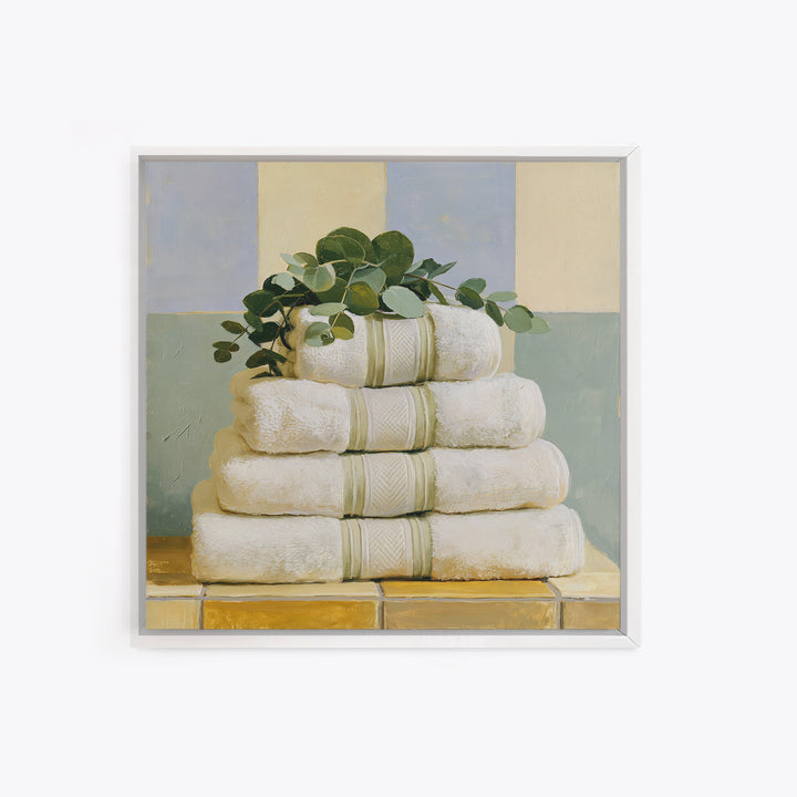 White Towels and Eucalyptus Without Room Context Framed Canvas Print, Spa Art, City Art, Spa Decor, Watercolor Art, Serenity, SPA-1x1-24
