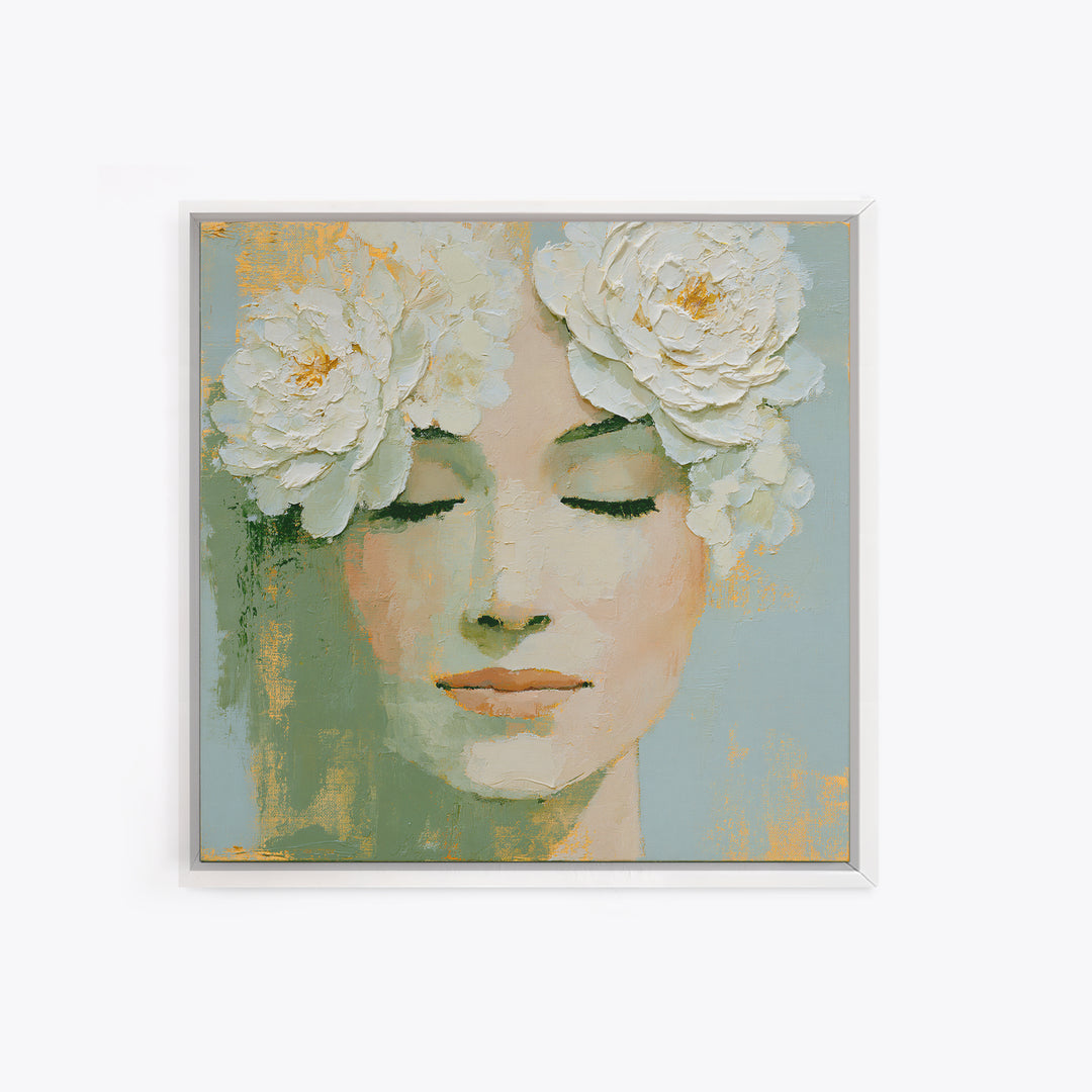 Minimal Face with Closed Eyes and Flowers Framed Canvas Print, Spa Art, Dog Groomer Gifts, Spa Decor, Fine Art, Serenity, SPA-1x1-43