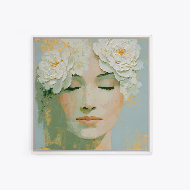 Minimal Face with Closed Eyes and Flowers Framed Canvas Print, Spa Art, Dog Groomer Gifts, Spa Decor, Fine Art, Serenity, SPA-1x1-43