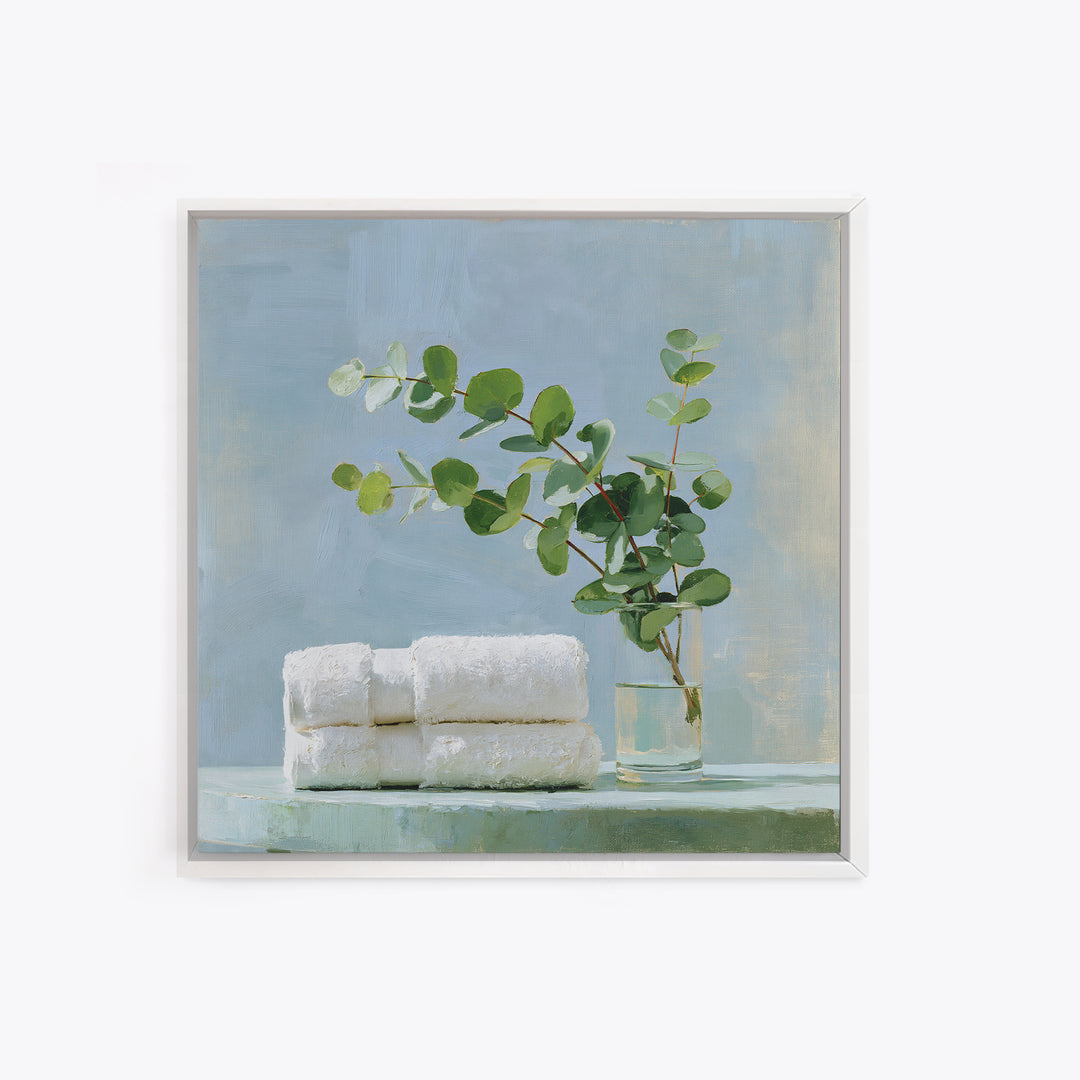 White Towels and Eucalyptus Without Room Context Framed Canvas Print, Spa Art, Wall Decor, Spa Decor, Fine Art, Serenity, SPA-1x1-48