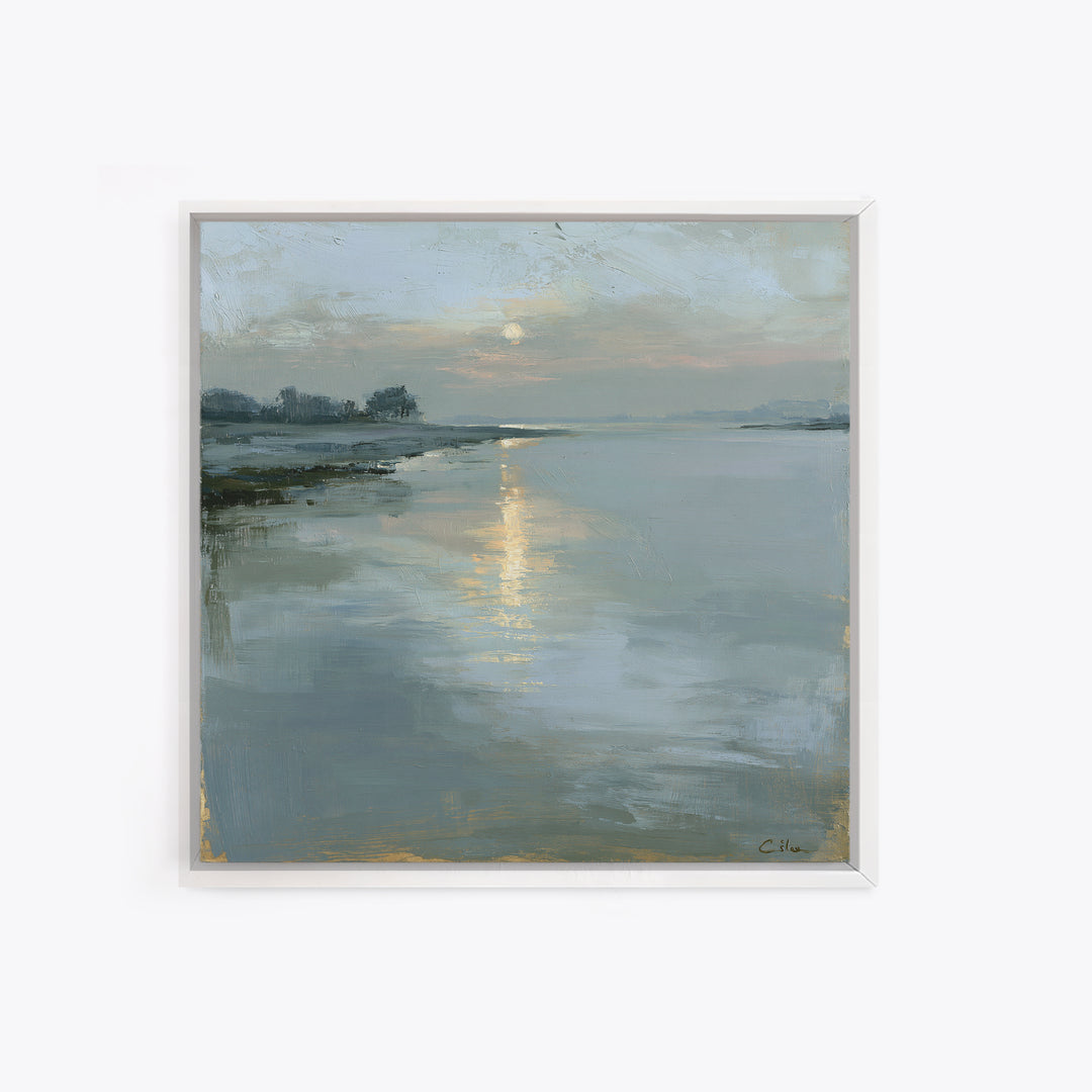 Moonlit Lake Reflection Framed Canvas Print, Spa Art, Tarot Card Art, Spa Decor, Fine Art, Serenity, Textured Painting, SPA-1x1-71