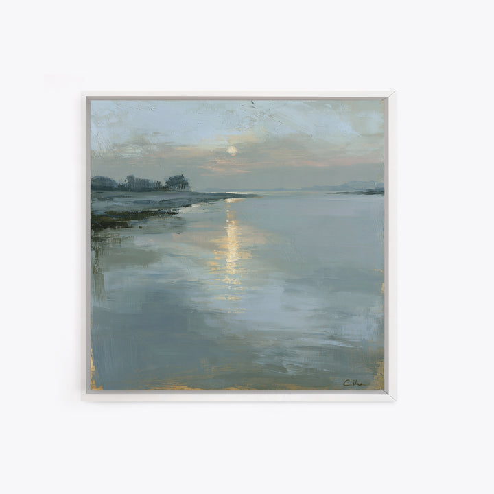 Moonlit Lake Reflection Framed Canvas Print, Spa Art, Tarot Card Art, Spa Decor, Fine Art, Serenity, Textured Painting, SPA-1x1-71