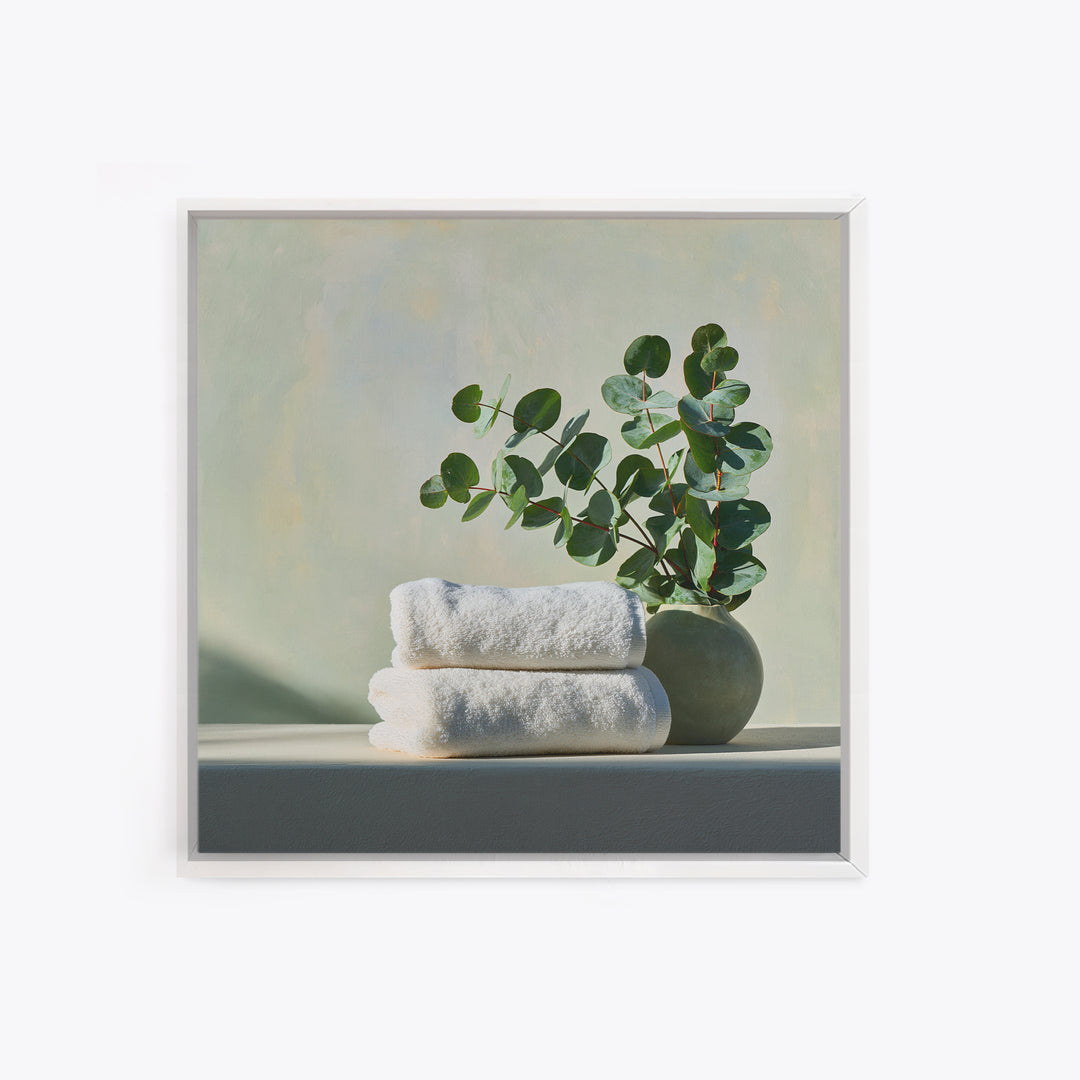 White Towels and Eucalyptus Without Room Context Framed Canvas Print, Spa Art, Wall Art Print, Spa Decor, Fine Art, Serenity, SPA-1x1-96