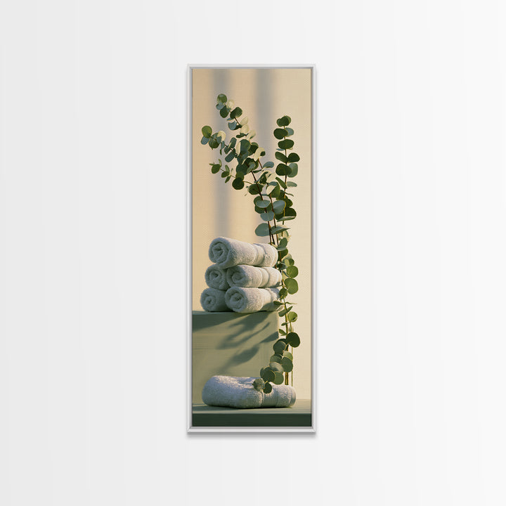 White Towels and Eucalyptus Without Room Context Canvas Print, Spa Art, Wall Art, Spa Decor, Oil Painting, Serenity, SPA-1x3-12