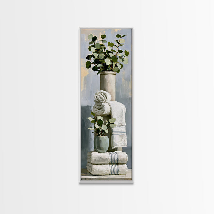 White Towels and Eucalyptus Without Room Context Framed Canvas Print, Spa Art, Wall Art Print, Spa Decor, Fine Art, Serenity, SPA-1x3-36