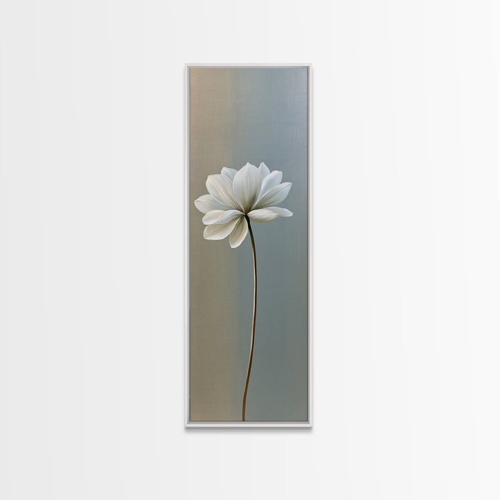 Single White Flower on Linen Ground Framed Canvas Print, Spa Art, Room Decor, Spa Decor, Fine Art, Serenity, Nature Prints, SPA-1x3-53