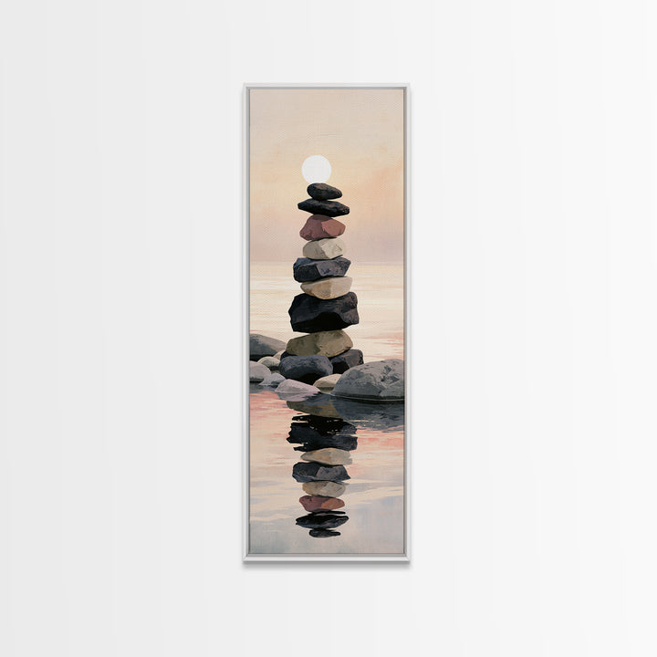 Stacked Stones Beside Calm Water Framed Canvas Print, Spa Art, Printable Wall Art, Spa Decor, Serenity, Feminine Wall Art, SPA-1x3-61