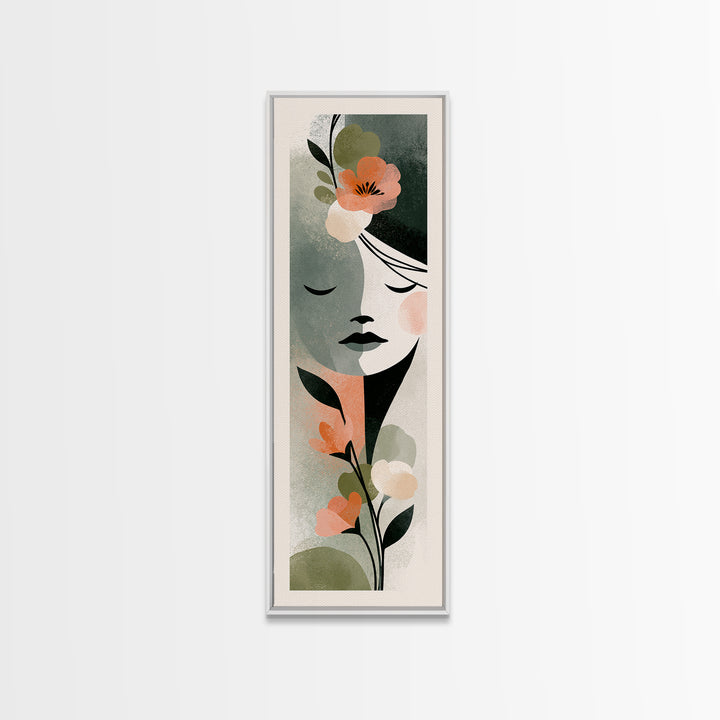 Minimal Face with Closed Eyes and Flowers Framed Canvas Print, Spa Art, Esthetician Decor, Spa Decor, Oil Painting, Serenity, SPA-1x3-79