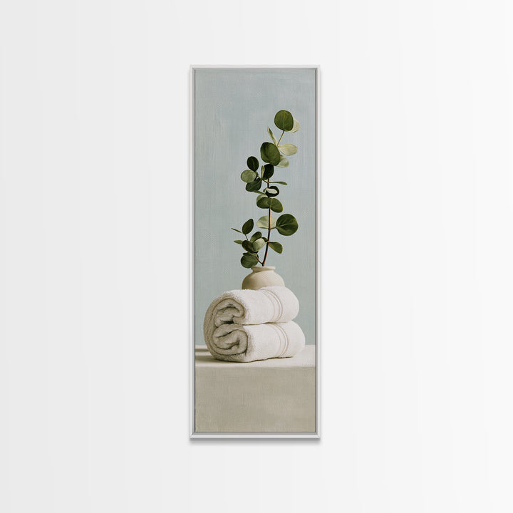 White Towels and Eucalyptus Without Room Context Framed Canvas Print, Spa Art, Fine Art Photography, Spa Decor, Serenity, SPA-1x3-84
