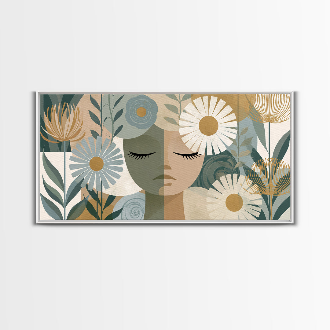 Minimal Face with Closed Eyes and Flowers Framed Canvas Print, Spa Art, Home Decor, Spa Decor, Fine Art, Serenity, Dog Wall Art, SPA-2x1-15