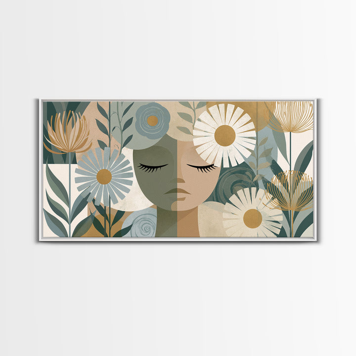 Minimal Face with Closed Eyes and Flowers Framed Canvas Print, Spa Art, Home Decor, Spa Decor, Fine Art, Serenity, Dog Wall Art, SPA-2x1-15