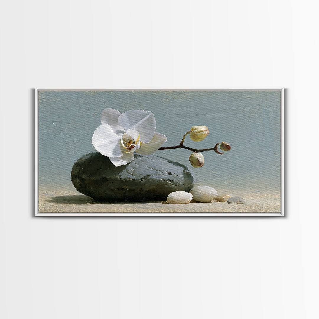 White Orchid on Smooth Gray Stone Canvas Print, Spa Art, Room Decor, Spa Decor, Serenity, Nature Prints, Travel Poster, SPA-2x1-22
