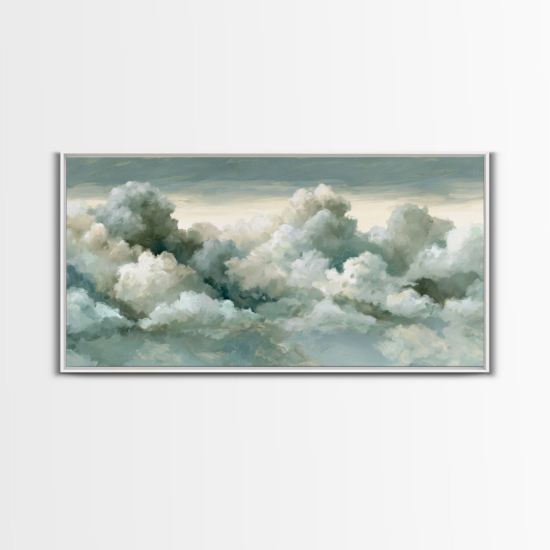 Soft Cloudscape in Cream and Sage Framed Canvas Print, Spa Art, Printable Wall Art, Spa Decor, Serenity, Feminine Wall Art, SPA-2x1-33