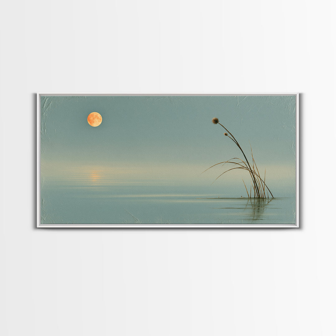 Moonlit Lake Reflection Framed Canvas Print, Spa Art, Botanical Art, Spa Decor, Oil Painting, Serenity, Fashion Wall Art, SPA-2x1-43