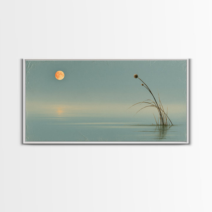 Moonlit Lake Reflection Framed Canvas Print, Spa Art, Botanical Art, Spa Decor, Oil Painting, Serenity, Fashion Wall Art, SPA-2x1-43