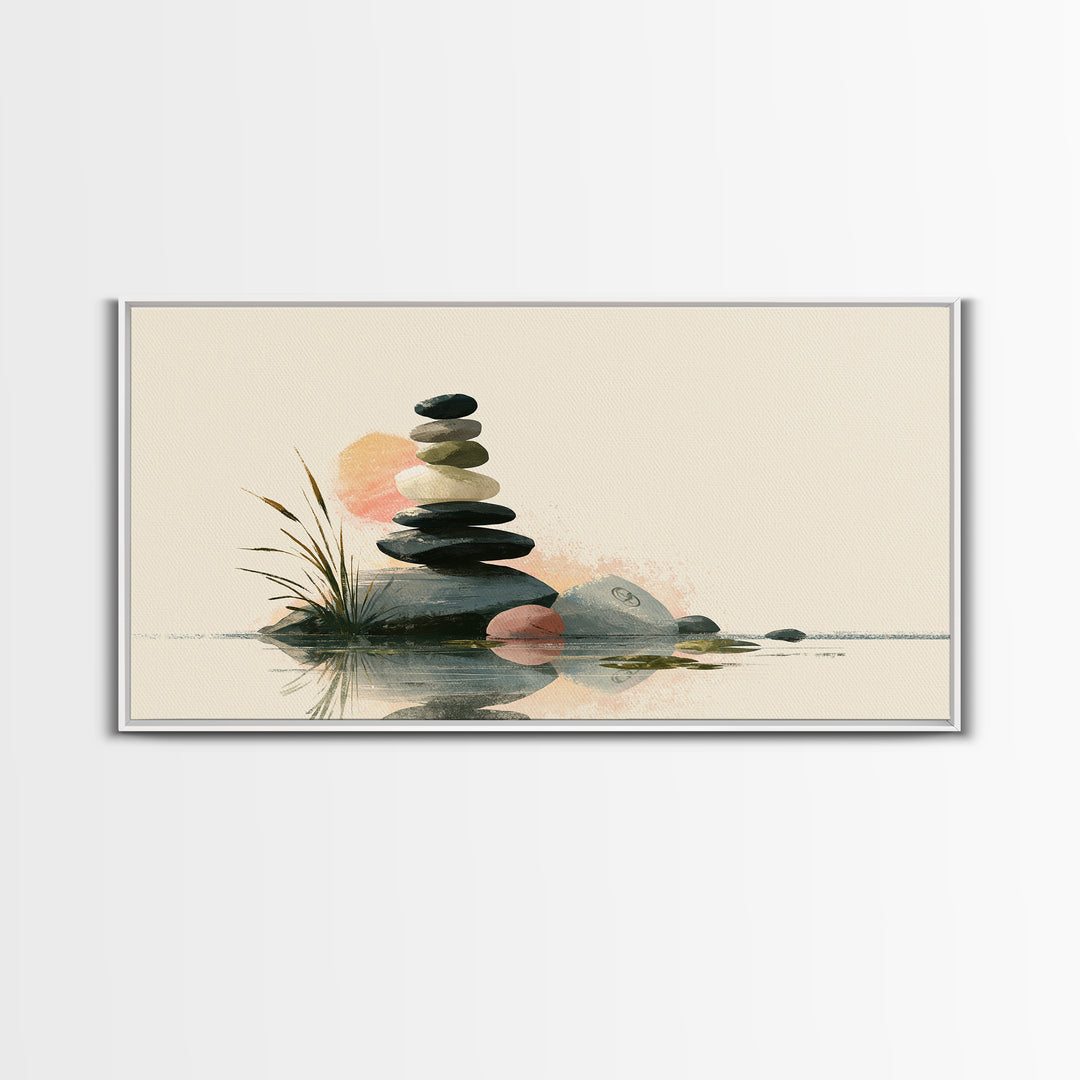 Stacked Stones Beside Calm Water Framed Canvas Print, Spa Art, Spa, Spa Decor, Fine Art, Serenity, Teen Girl Room Decor, SPA-2x1-45
