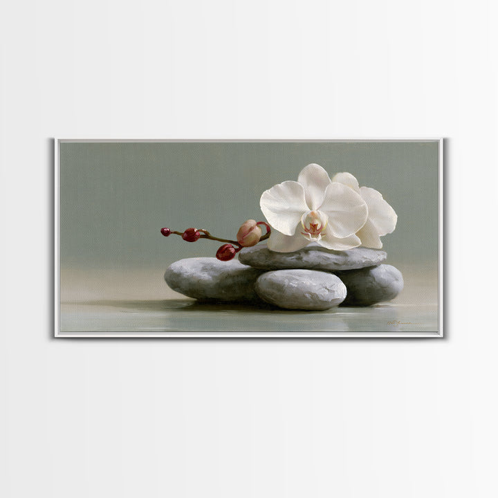 White Orchid on Smooth Gray Stone Framed Canvas Print, Spa Art, Art, Spa Decor, Serenity, Abstract Print, Minimalist Art, SPA-2x1-46