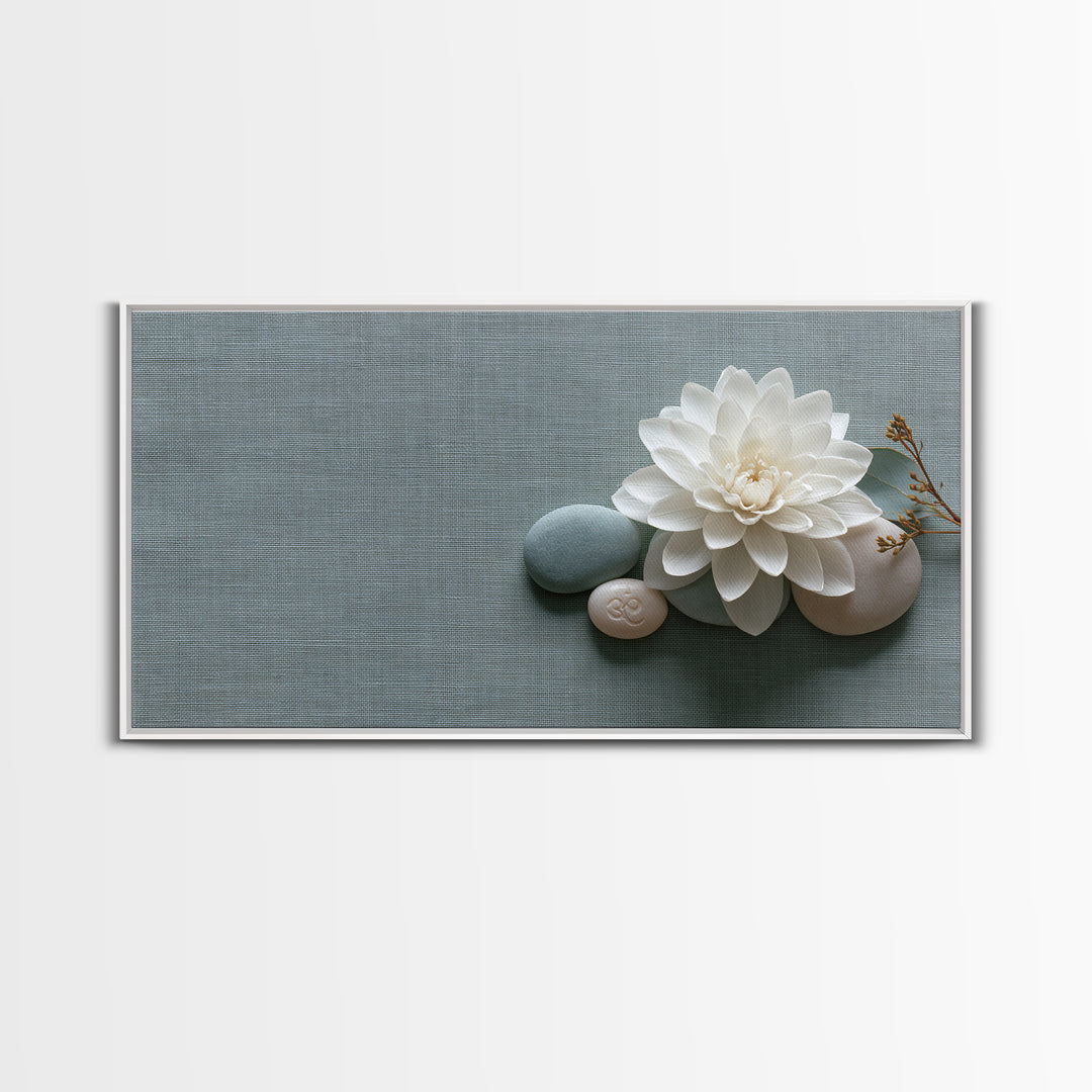 Single White Flower on Linen Ground Canvas Print, Spa Art, Abstract, Spa Decor, Fine Art, Serenity, City Art, Spa Wall Art, SPA-2x1-61