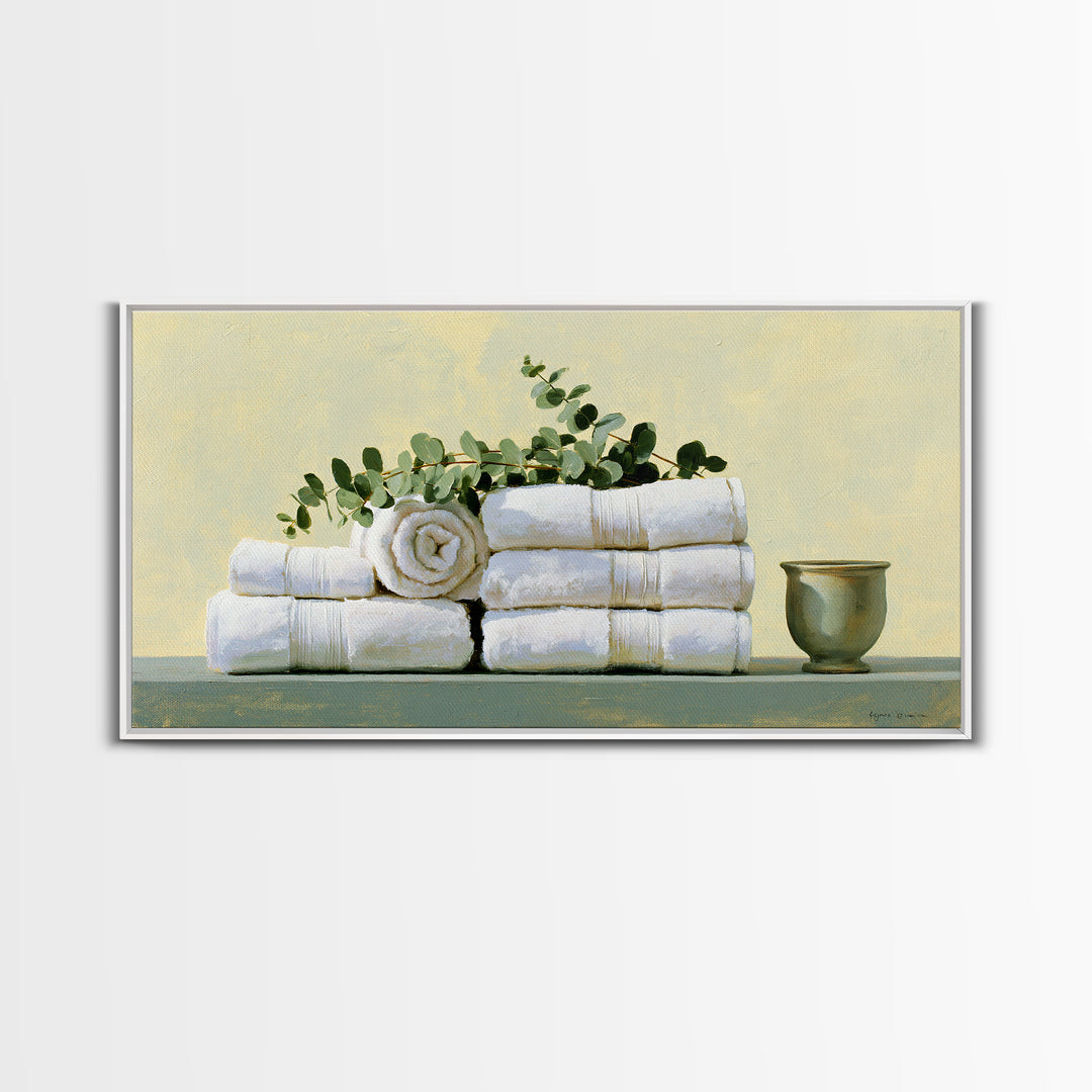 White Towels and Eucalyptus Without Room Context Canvas Print, Spa Art, Nature Prints, Spa Decor, Watercolor Art, Serenity, SPA-2x1-68