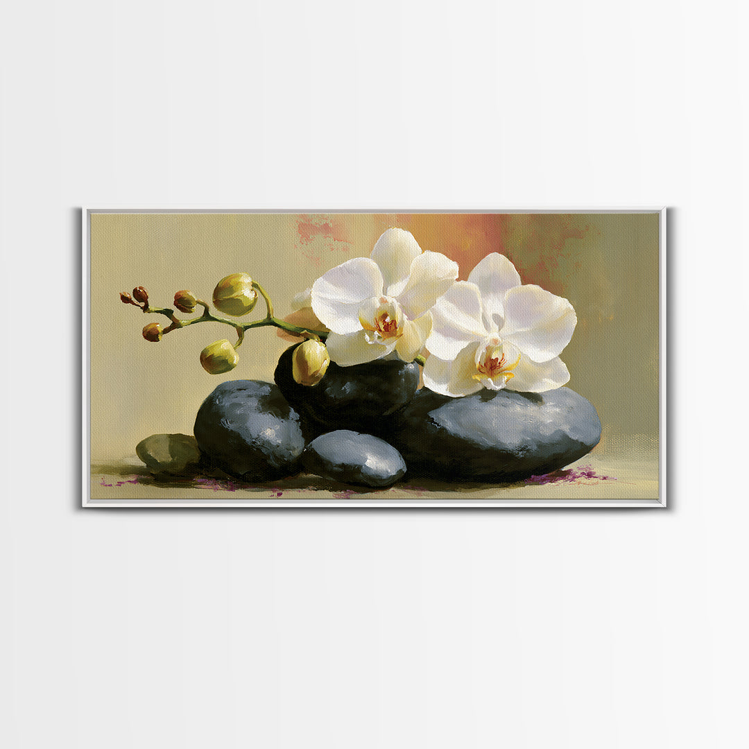 White Orchid on Smooth Gray Stone Canvas Print, Spa Art, Botanical Art, Spa Decor, Fine Art, Serenity, Fashion Wall Art, SPA-2x1-70