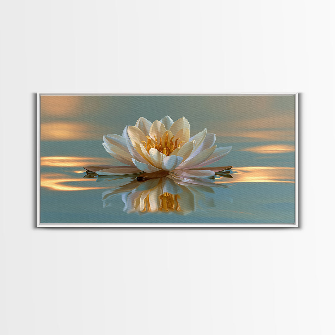Lotus Flower Floating on Still Pond Framed Canvas Print, Spa Art, Travel Poster, Spa Decor, Watercolor Art, Serenity, SPA-2x1-72