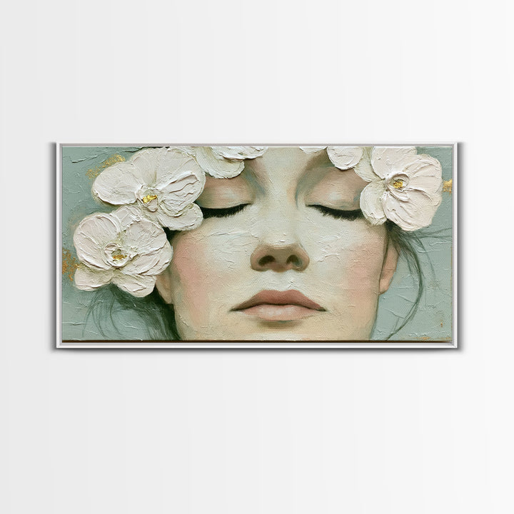 Minimal Face with Closed Eyes and Flowers Framed Canvas Print, Spa Art, Spa Wall Art, Spa Decor, Watercolor Art, Serenity, SPA-2x1-87
