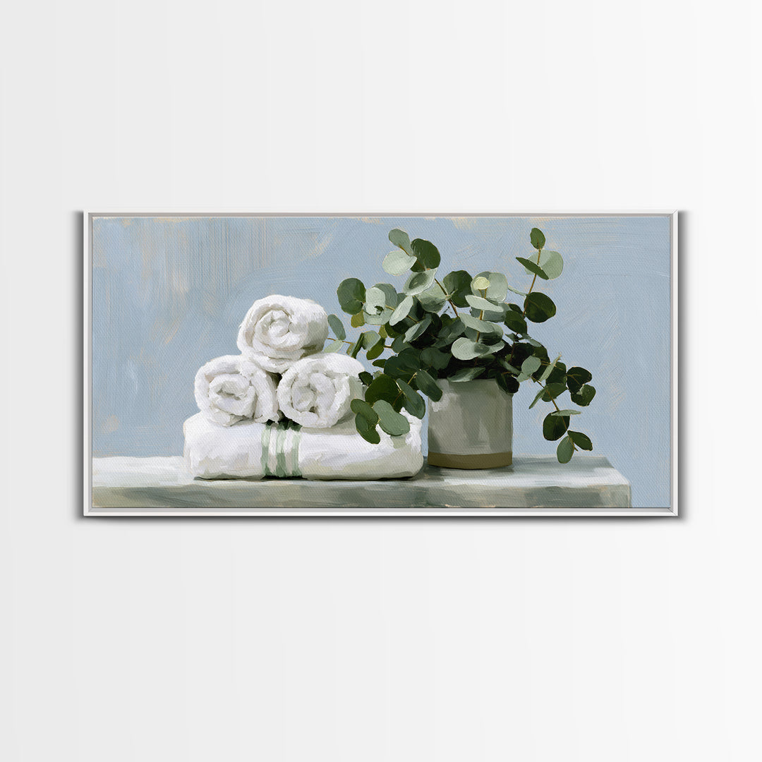 White Towels and Eucalyptus Without Room Context Framed Canvas Print, Spa Art, Abstract Print, Spa Decor, Oil Painting, SPA-2x1-92