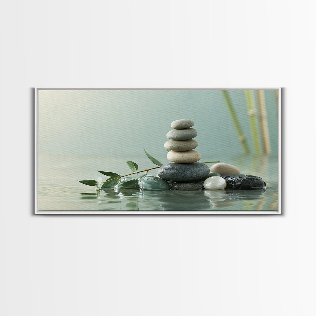Stacked Stones Beside Calm Water Canvas Print, Spa Art, Animal Art, Spa Decor, Fine Art, Serenity, Gallery Decor, Neutral Decor, SPA-2x1-93